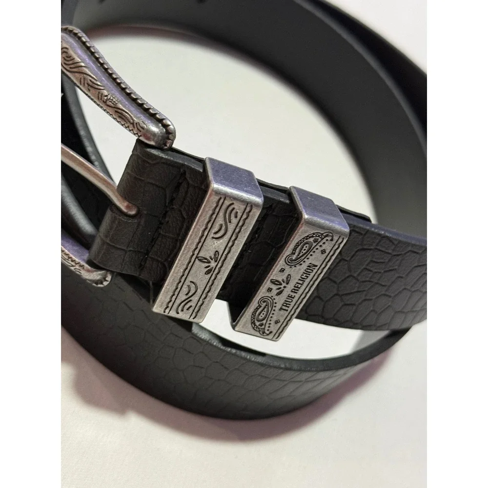 True Religion Palomo Western Belt Black‎ Croc Embossed Silver Buckle Size 36 NWT